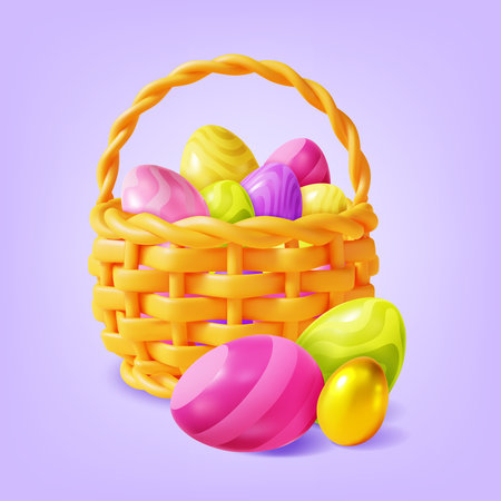 3d Easter Eggs Basket Concept Plasticine Cartoon Style Spring Holiday Celebration . Vector illustration of Painted Eggのイラスト素材