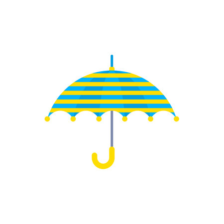 Cartoon Color Striped Blue Yellow Kid Umbrella Flat Design Style Isolated on a White Background. Vector illustrationのイラスト素材