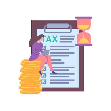 Cartoon Color Taxes and Fees Paying Concept and Character Woman sitting Golden Coins Stack. Vector illustrationのイラスト素材