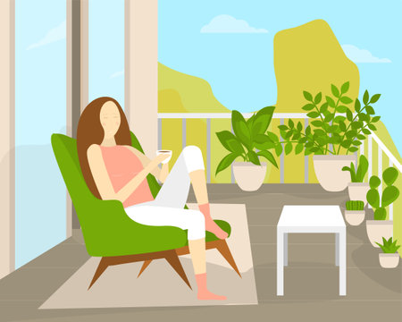 Cartoon Color Character Young Woman Sitting on Balcony and Drinking Coffee Concept Flat Design Style. Vector illustrationのイラスト素材