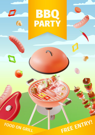3d Bbq Party Invitation Placard Ads Banner Poster Card Plasticine Cartoon Style. Vector illustration of Barbeque Conceptのイラスト素材