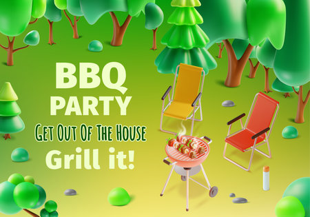 3d Bbq Party Ads Banner Concept Poster Card Plasticine Cartoon Style . Vector illustration of Grilled Kebab or Barbecueのイラスト素材