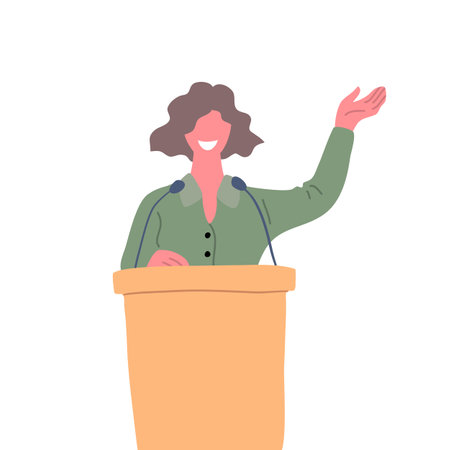 Cartoon Character Woman Confident Speaker Conference Concept Isolated on a White Background. Vector illustration of Professional Businesswoman and Podiumのイラスト素材
