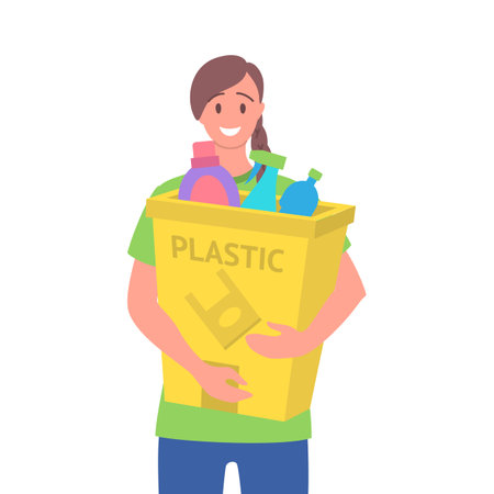 Cartoon Color Character Girl Holding Trash Bin with Plastic Recycling Waste Concept Flat Design Style. Vector illustrationのイラスト素材