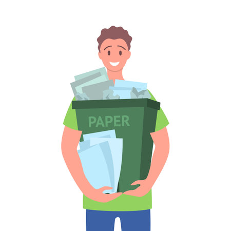 Cartoon Color Character Boy Holding Green Trash Bin with Paper Recycling Waste Concept Flat Design Style. Vector illustrationのイラスト素材