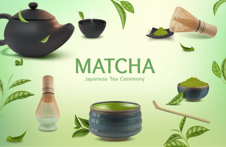 Realistic Detailed 3d Matcha Japanese Tea Ceremony Powder Ads Banner Concept Poster Card for Promotion. Vector illustrationのイラスト素材