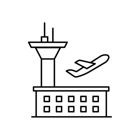 Airport Building Sign Black Thin Line Icon Symbol. Vector illustration of Aircraft Control Tower and Terminalのイラスト素材