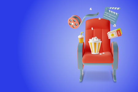 3d Cinema Movie Concept Red Chair with Elements Around on a Blue Plasticine Cartoon Style. Vector illustrationのイラスト素材