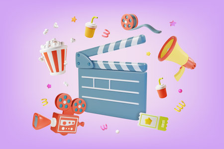 3d Cinema Movie Concept Video Shooting Clapboard and Camera with Elements Around Plasticine Cartoon Style. Vector illustrationのイラスト素材