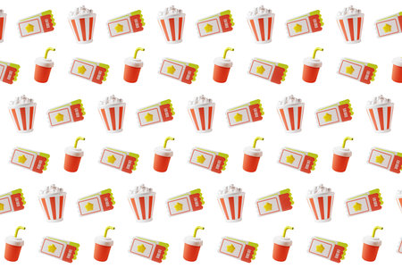 3d Cinema Movie Signs Seamless Pattern Background Plasticine Cartoon Style on White for Web and App. Vector illustrationのイラスト素材