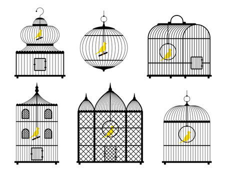 Cartoon Different Black Bird Cage with Yellow Canari Set Flat Design Style. Vector illustration of Birdcageのイラスト素材