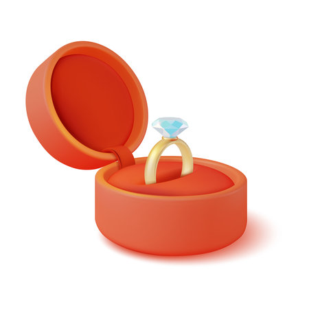 3d Engagement Ring with Diamond in Red Box Plasticine Cartoon Style. Vector illustration of Wedding or Proposal Conceptのイラスト素材