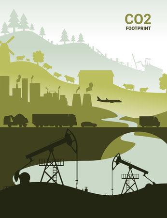 Cartoon Color Plant Environmental Impact and CO2 Emission Pollution Concept Poster Flat Design Style. Vector illustrationのイラスト素材