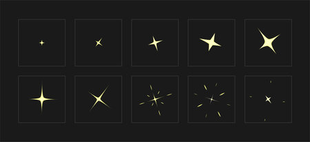 Cartoon Different Shine Sparkle Animation Effect Set on a Black Background Flat Design Style. Vector illustrationのイラスト素材