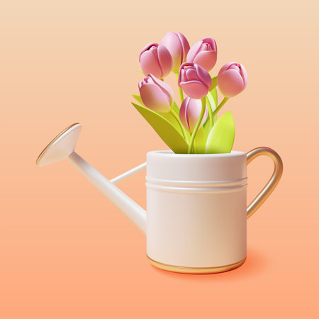 3d Spring Tulips Bouquet in Watering Can Gift or Decor Concept Plasticine Cartoon Style. Vector illustrationのイラスト素材