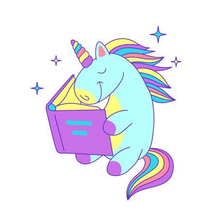 Cartoon Color Character Unicorn with Interesting Book Concept Flat Design Style. Vector illustration of Mascot Mythology Horseのイラスト素材