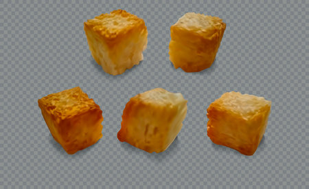 Realistic Detailed 3d Different Crackers Crispy Set on a Transparent Background. Vector illustration of Piece of Brown Bread or Croutonのイラスト素材