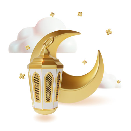 3d Ramadan Kareem Concept with Metal Crescent Moon and Islamic Lantern Fanoos Plasticine Cartoon Style. Vector illustrationのイラスト素材