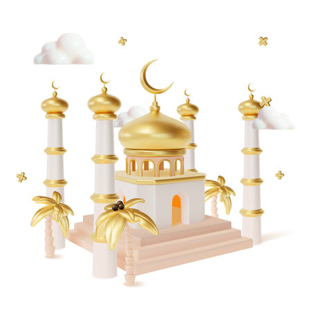 3d Ramadan Kareem Concept with Metal Crescent Moon and Islamic Mosque Plasticine Cartoon Style. Vector illustrationのイラスト素材