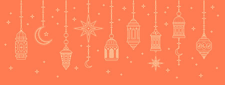 Arabic Traditional Ramadan Kareem Eastern Lanterns Garland Thin Line Set. Vector illustration of Islam Holiday Elementsのイラスト素材