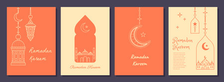 Color Modern Style Ramadan Mubarak Greeting Cards Set Thin Line for Web and App Design. Vector illustrationのイラスト素材