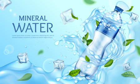 Realistic Detailed 3d Mineral Water Plastic Bottle with Cool Splash and Green Leaves Ads Banner Concept Poster Card. Vector illustrationのイラスト素材
