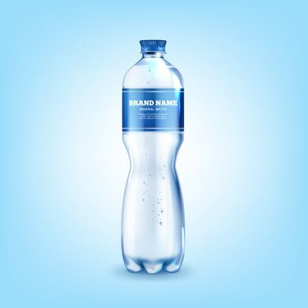 Realistic Detailed 3d Mineral Water Plastic Bottle with Label Packaging Concept. Vector illustration of Bottled Aquaのイラスト素材