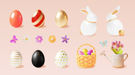 3d Happy Easter Concept Plasticine Cartoon Style Include of Painted Egg, Rabbit and Basket . Vector illustrationのイラスト素材