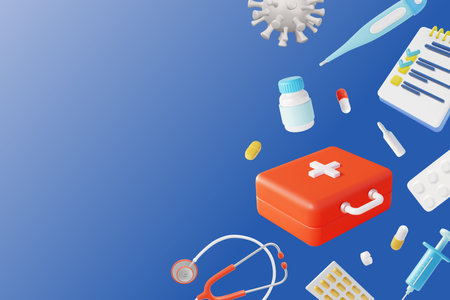 3d Health Care Concept with Medical Supplies Background Card Plasticine Cartoon Style on a Blue. Vector illustrationのイラスト素材