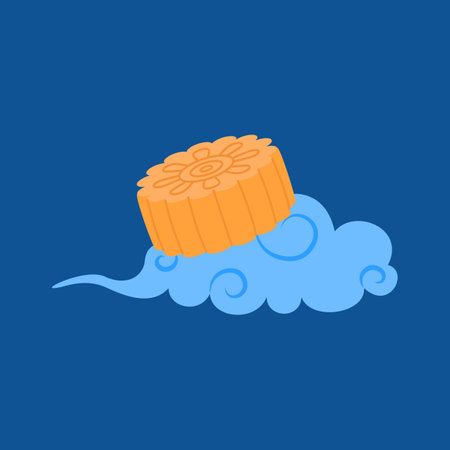 Cartoon Color Chinese Moon Cake Traditional Dessert on Cloud Mid Autumn Festival Concept Flat Design Style. Vector illustrationのイラスト素材
