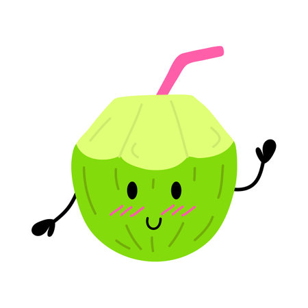 Cartoon Color Summer Coconut Drink Character Icon Concept Flat Design Style. Vector illustration of Cute Beverage Mascotのイラスト素材