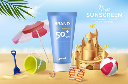 Realistic Detailed 3d New Sunscreen Water Resistant Sunblock for all Skin Types Ads Banner Concept Poster Card. Vector illustrationのイラスト素材