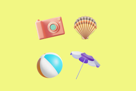 Summer Travel and Tourism Concept Element Set Plasticine Cartoon Style Include of Ball, Camera and Seashell. Vector illustrationのイラスト素材