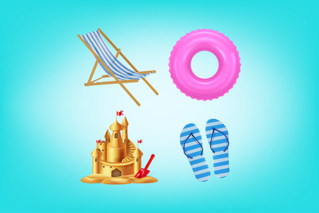 Summer Travel and Tourism Concept Element Set Plasticine Cartoon Style Include of Sand Castle and Beach Flip Flops. Vector illustrationのイラスト素材