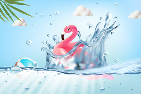 Realistic Detailed 3d Flamingo Swimming Ring and Water Splash Summer Travel or Vacation Concept Background. Vector illustrationのイラスト素材
