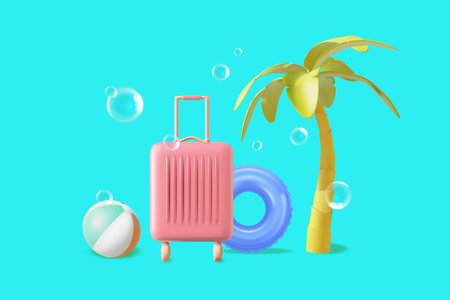 Summer Travel and Tourism Concept Element Set Plasticine Cartoon Style Include of Baggage, Ball and Palm Tree. Vector illustrationのイラスト素材