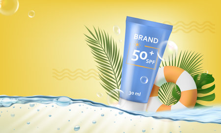 Realistic Detailed 3d Tube Waterproof Sunscreen Silky Protection Concept Background with Swimming Ring and Palm Branches. Vector illustrationのイラスト素材