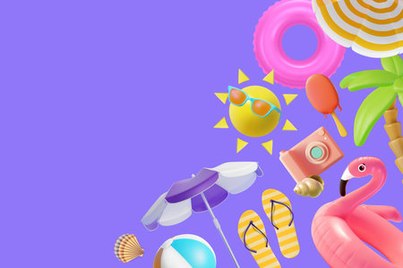 Summer Travel and Tourism Concept Element Set Plasticine Cartoon Style Include of Sun, Parasol, Icecream and Swimming Ring. Vector illustrationのイラスト素材