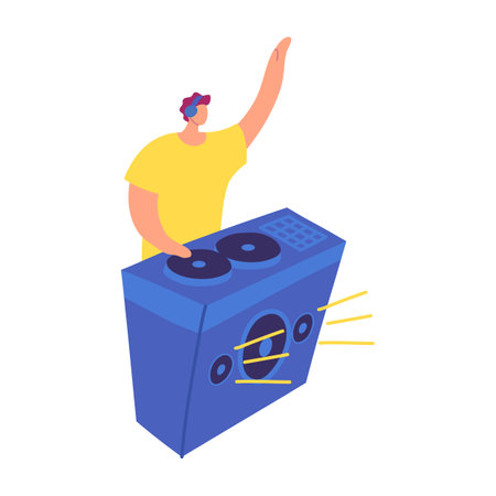 Cartoon Color Character Dj Guy Mixing Music Party or Discotheque Concept Flat Design Style. Vector illustrationのイラスト素材
