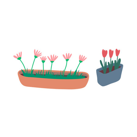 Cartoon Color Balcony Plant in Pot Set Concept Flat Design Style Isolated on a White Background. Vector illustrationのイラスト素材