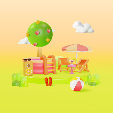 3d Pool Rubber Inflatable Party Resort Concept Cartoon Style. Vector illustration of Summertime Outdoor Leisure Poolsideのイラスト素材