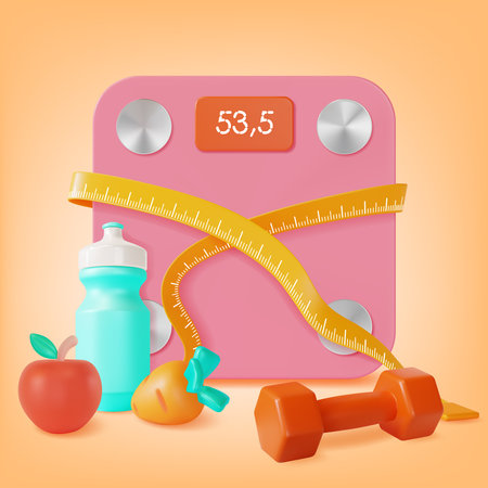 3d Bathroom Weight Scale with Fitness Bottle Cartoon Style. Vector illustration of Healthy Lifestyle and Diet Conceptのイラスト素材