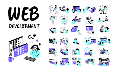 Cartoon Color Web Development Concept Set Flat Design Style. Vector illustration of Scenes with Women and Men Taking part in Coding, Programmingのイラスト素材