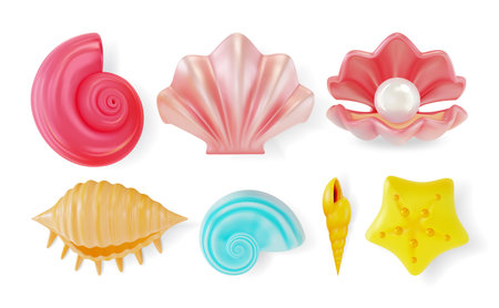 3d Color Mollusk Seashells Different Forms Set Cartoon Style Symbol of Seafood, Travel or Pearl. Vector illustration of Seashellのイラスト素材