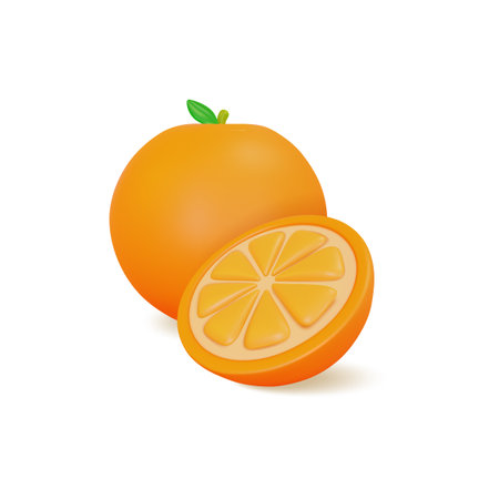3d Fresh Fruit Whole Orange and Slices Concept Cartoon Style Isolated on a White Background. Vector illustrationのイラスト素材
