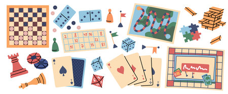 Cartoon Color Board Games Different Types Set Leisure Concept Flat Design Style Include of Domino, Chess and Puzzle. Vector illustrationのイラスト素材