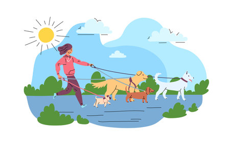 Cartoon Color Character Woman and Dog Walking Service Concept Flat Design Style. Vector illustration of Pet Careのイラスト素材