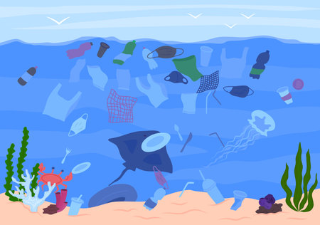 Cartoon Color Garbage in Sea Scene Concept Flat Design Style. Vector illustration of Plastic Ocean Pollutionのイラスト素材