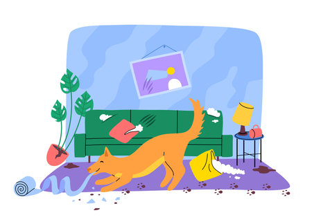 Cartoon Color Character Dog Alone at Home Destroys Room Concept Flat Design Style Interior View. Vector illustrationのイラスト素材