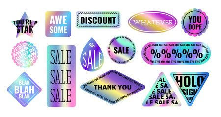 Holographic and Colors Sticker Set Sale Concept. Vector illustration of Discount Stickers Labels Badges Signsのイラスト素材
